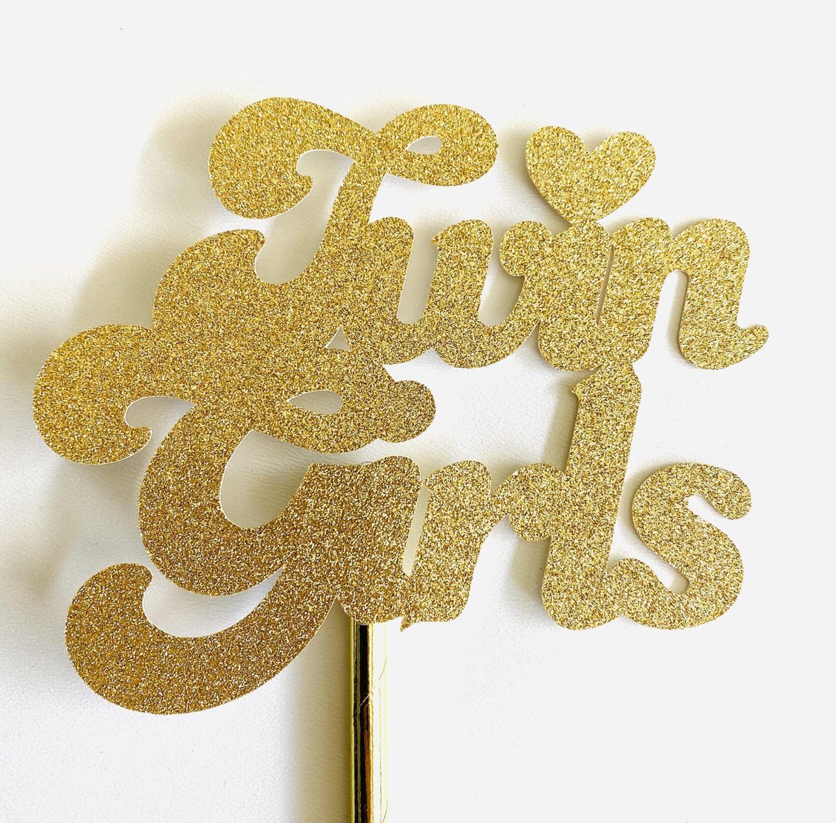 Taarttopper| Cake topper| Baby | Twin Girls| Goud glitter|12 cm| karton